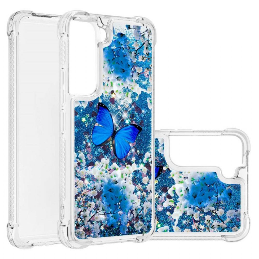 Handyhülle Für Samsung Galaxy S22 5G Blaue Glitzerschmetterlinge