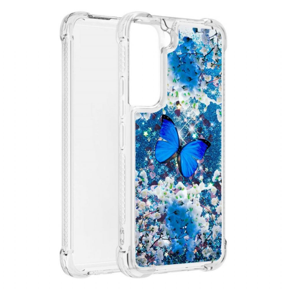 Handyhülle Für Samsung Galaxy S22 5G Blaue Glitzerschmetterlinge