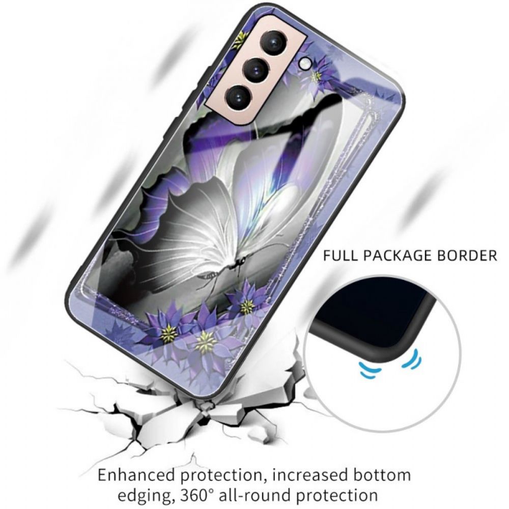 Hülle Für Samsung Galaxy S22 5G Lila Schmetterling Aus Gehärtetem Glas