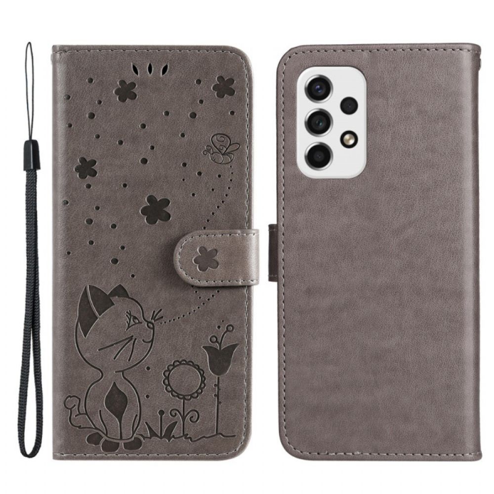 Flip Case Für Samsung Galaxy A53 5G Mit Kordel Katze Und Bienen Mit Riemen