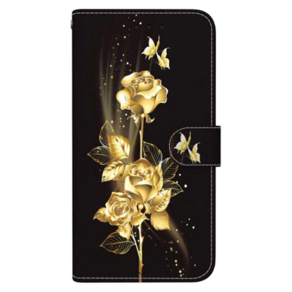 Lederhüllen Für Xiaomi 14t Pro Goldene Und Rosa Schmetterlinge