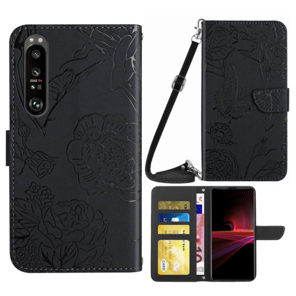 Flip Case Für Sony Xperia 1 IV Schmetterlinge Und Schulterriemen