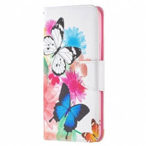 Flip Case Für Samsung Galaxy S21 FE Gemalte Schmetterlinge Und Blumen