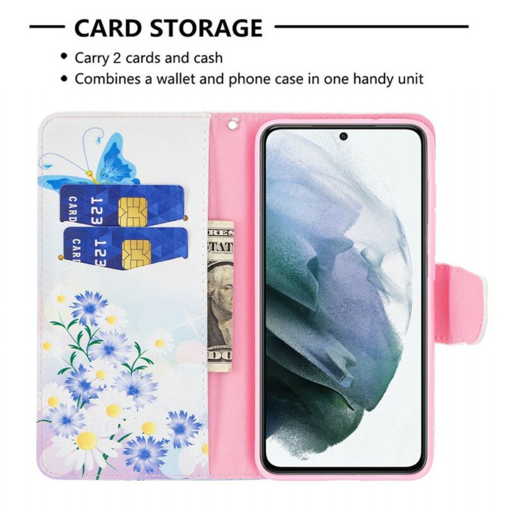 Flip Case Für Samsung Galaxy S21 FE Gemalte Schmetterlinge Und Blumen