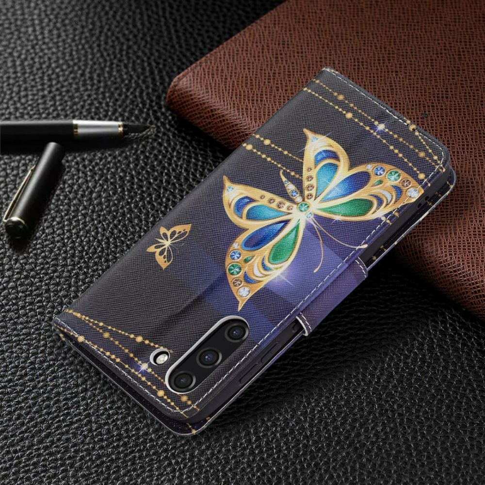 Flip Case Für Samsung Galaxy S21 FE Goldener Schmetterling