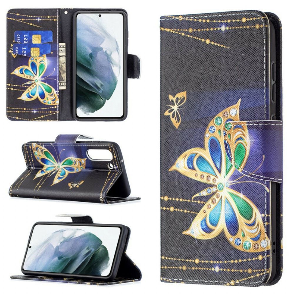 Flip Case Für Samsung Galaxy S21 FE Goldener Schmetterling