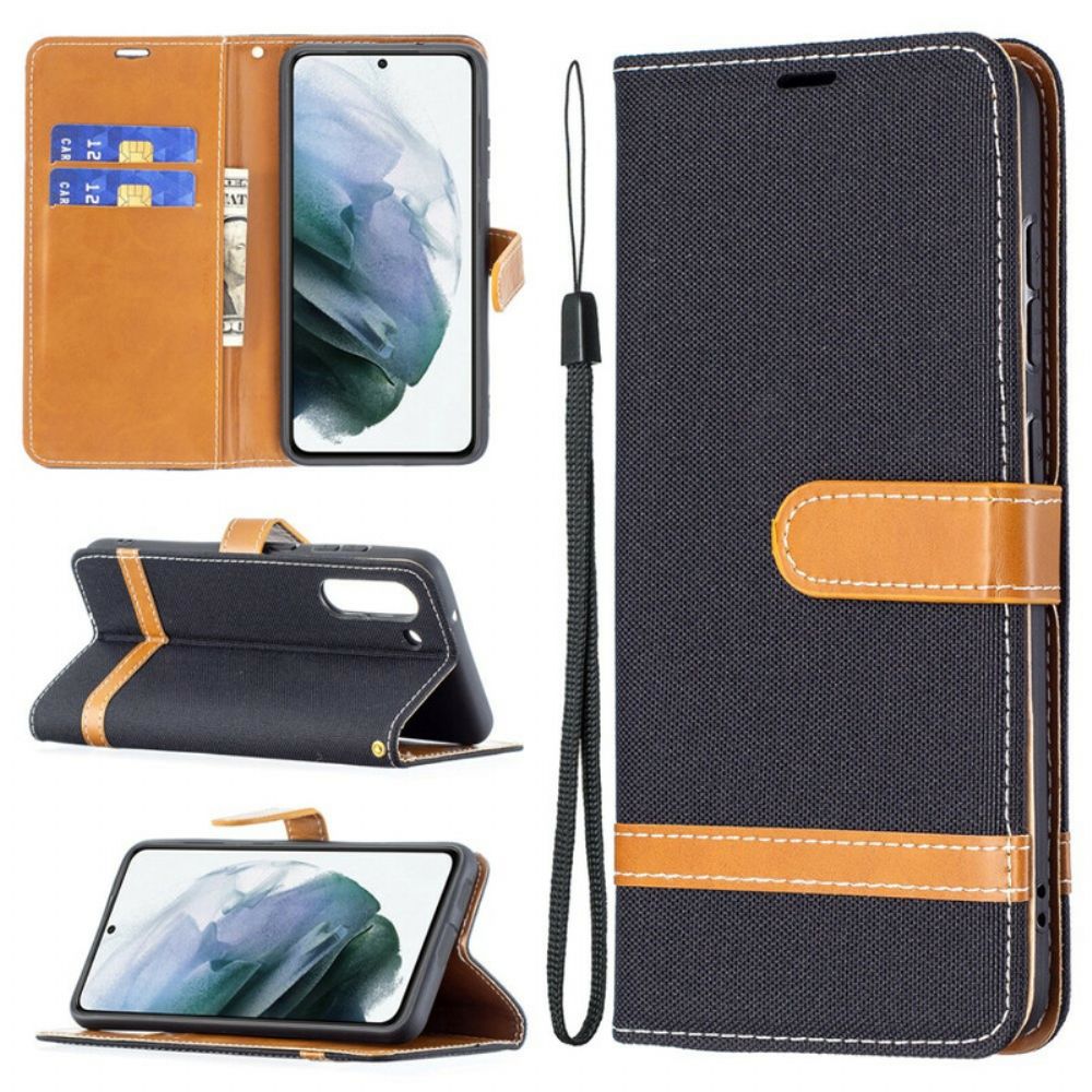 Flip Case Für Samsung Galaxy S21 FE Mit Kordel Armband In Stoff- Und Lederoptik