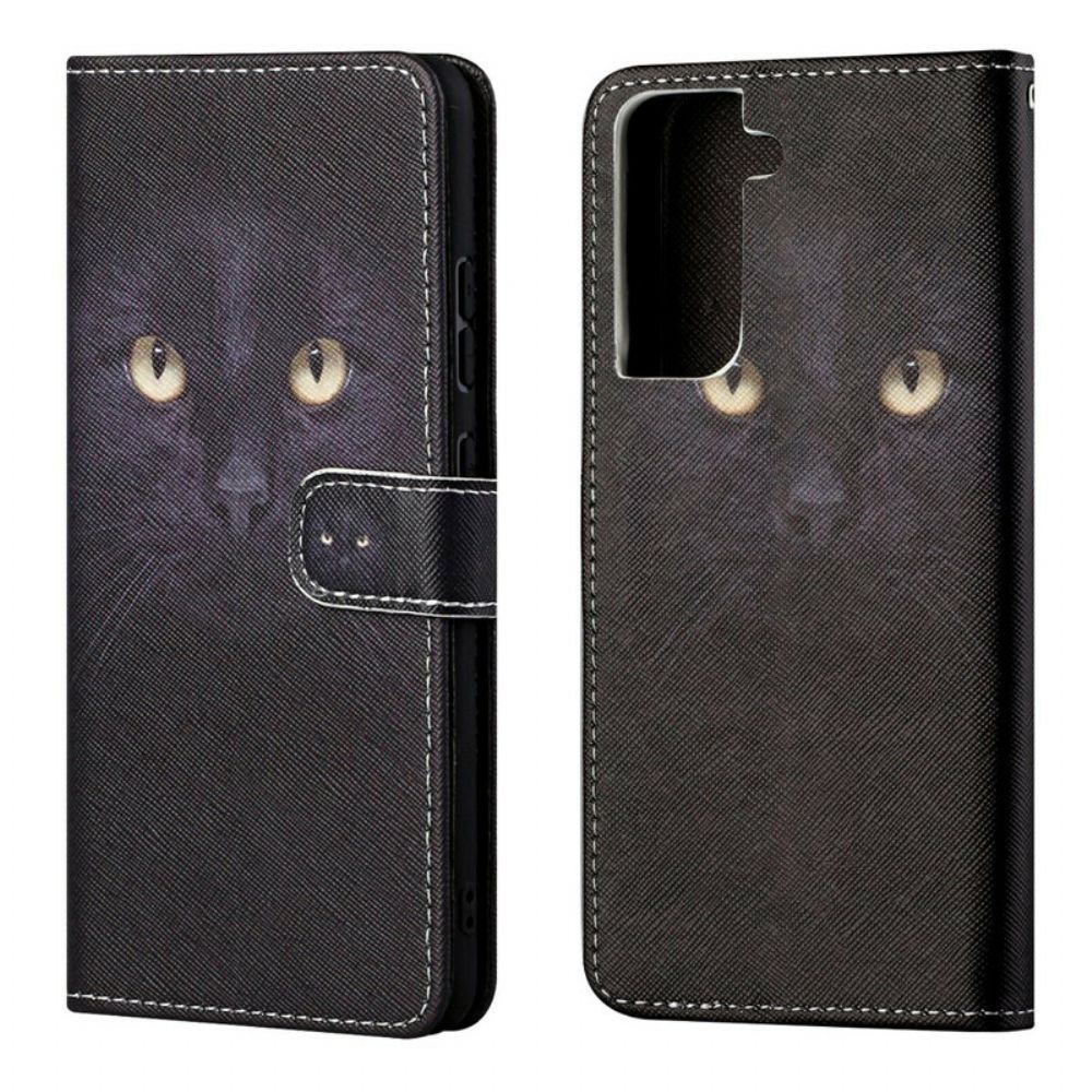 Flip Case Für Samsung Galaxy S21 FE Mit Kordel Schwarze Katzenaugen Mit Riemen