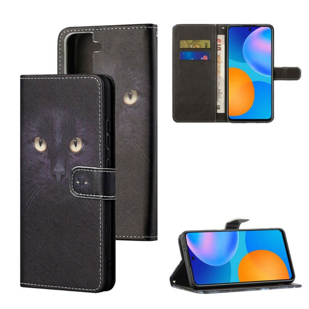 Flip Case Für Samsung Galaxy S21 FE Mit Kordel Schwarze Katzenaugen Mit Riemen