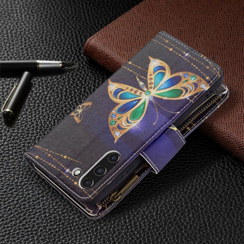 Flip Case Für Samsung Galaxy S21 FE Schmetterlingstasche Mit Reißverschluss