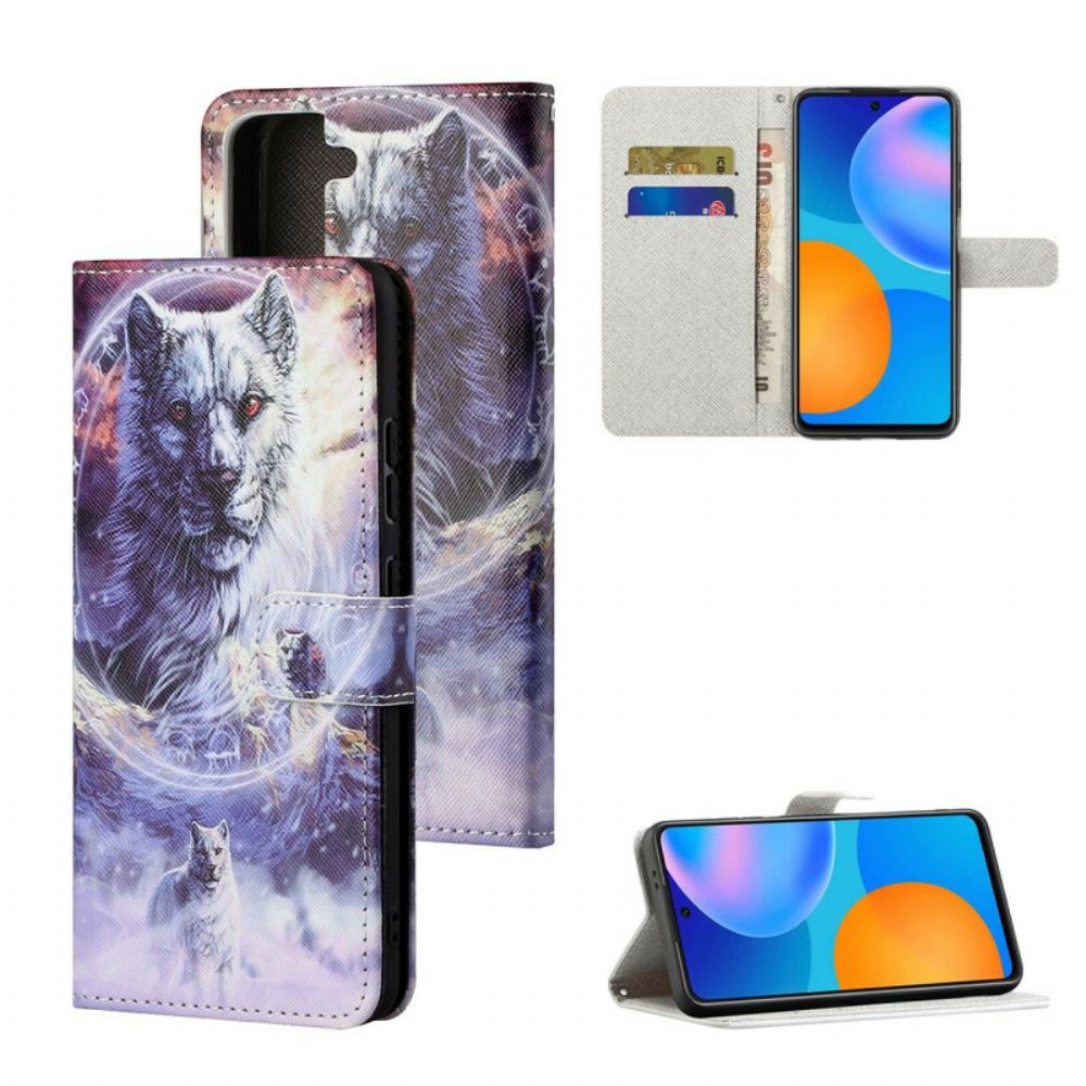 Flip Case Für Samsung Galaxy S21 FE Winterwolf Mit Lanyard