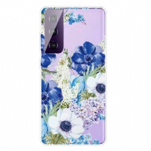 Handyhülle Für Samsung Galaxy S21 FE Aquarell Blaue Blumen