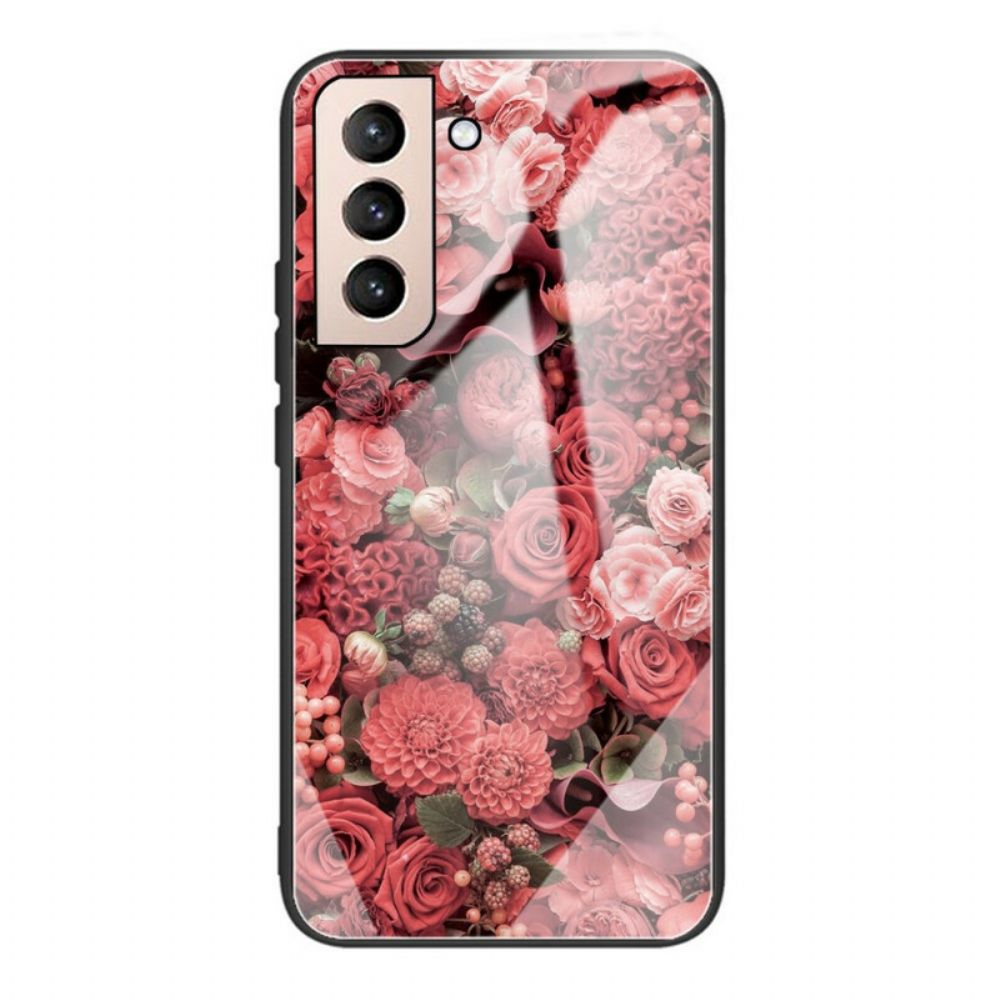 Handyhülle Für Samsung Galaxy S21 FE Rosa Blumen Aus Gehärtetem Glas