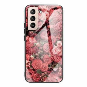 Handyhülle Für Samsung Galaxy S21 FE Rosa Blumen Aus Gehärtetem Glas