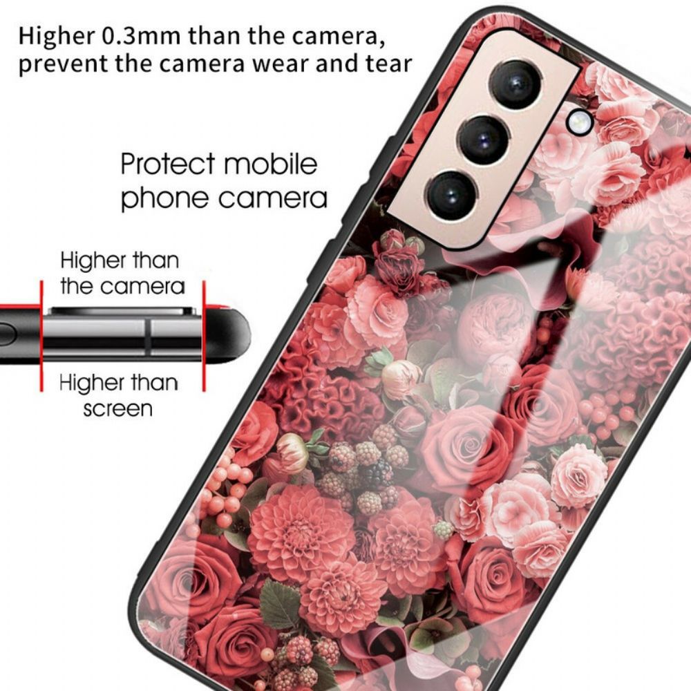 Handyhülle Für Samsung Galaxy S21 FE Rosa Blumen Aus Gehärtetem Glas