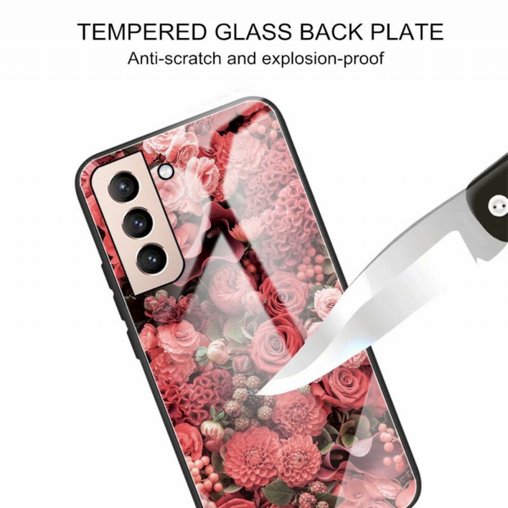 Handyhülle Für Samsung Galaxy S21 FE Rosa Blumen Aus Gehärtetem Glas