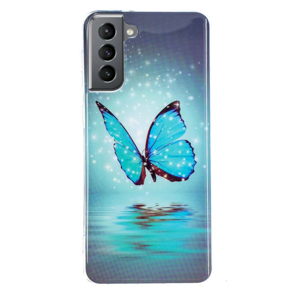 Hülle Für Samsung Galaxy S21 FE Fluoreszierender Blauer Schmetterling