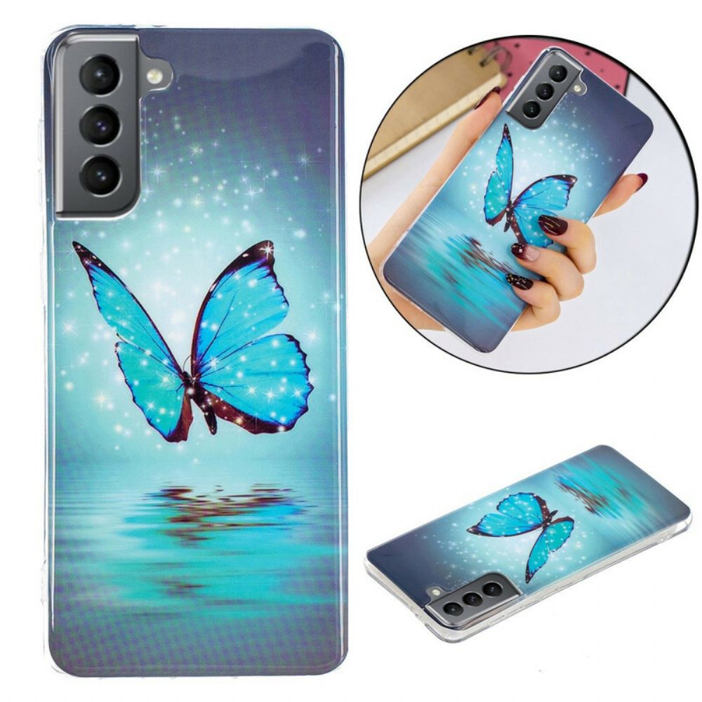 Hülle Für Samsung Galaxy S21 FE Fluoreszierender Blauer Schmetterling