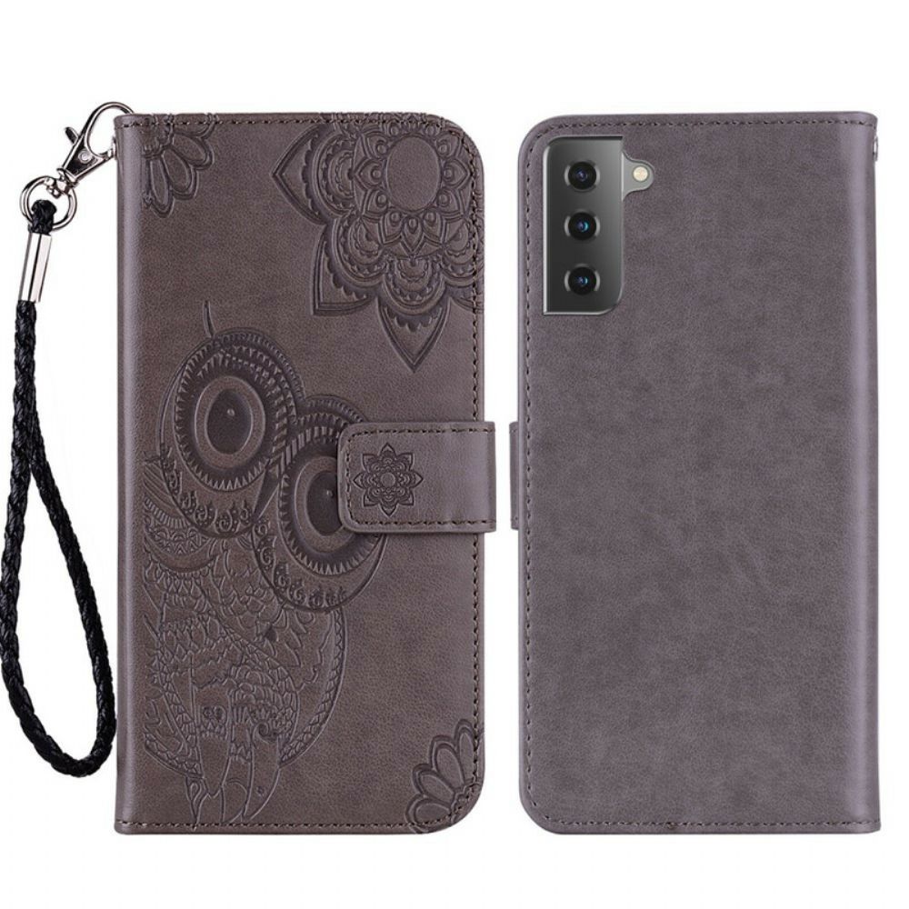 Lederhüllen Für Samsung Galaxy S21 FE Eulen-mandala Und Lanyard