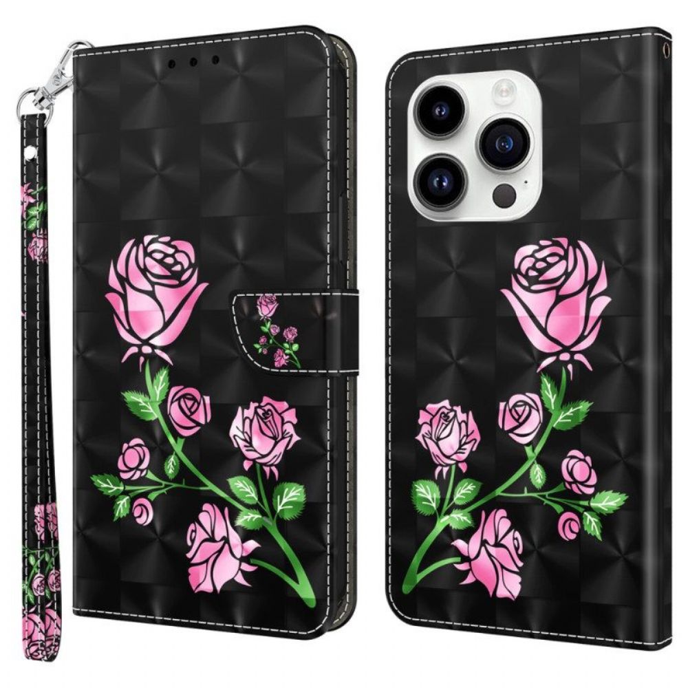 Lederhüllen Für iPhone 15 Pro Max Mit Kordel Riemenrosen