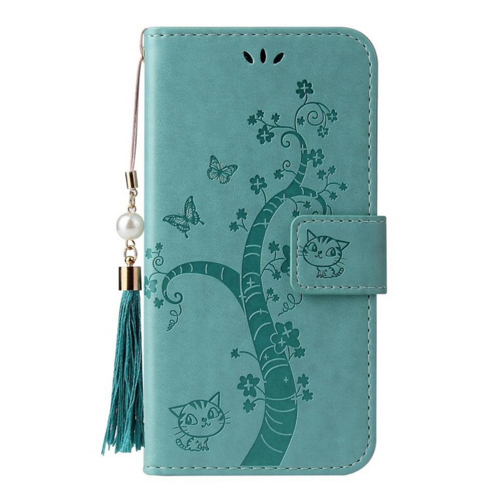 Flip Case Für Samsung Galaxy A51 5G Mit Kordel Baum Und Katze Mit Perle Am Riemen