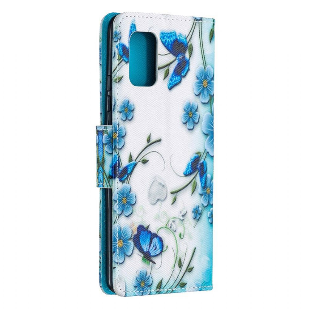 Lederhüllen Für Samsung Galaxy A51 5G Mit Kordel Blaue Schmetterlinge Und Blumen Mit Riemen