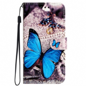 Lederhüllen Für Samsung Galaxy S24 5g Blauer Schmetterling Mit Riemen