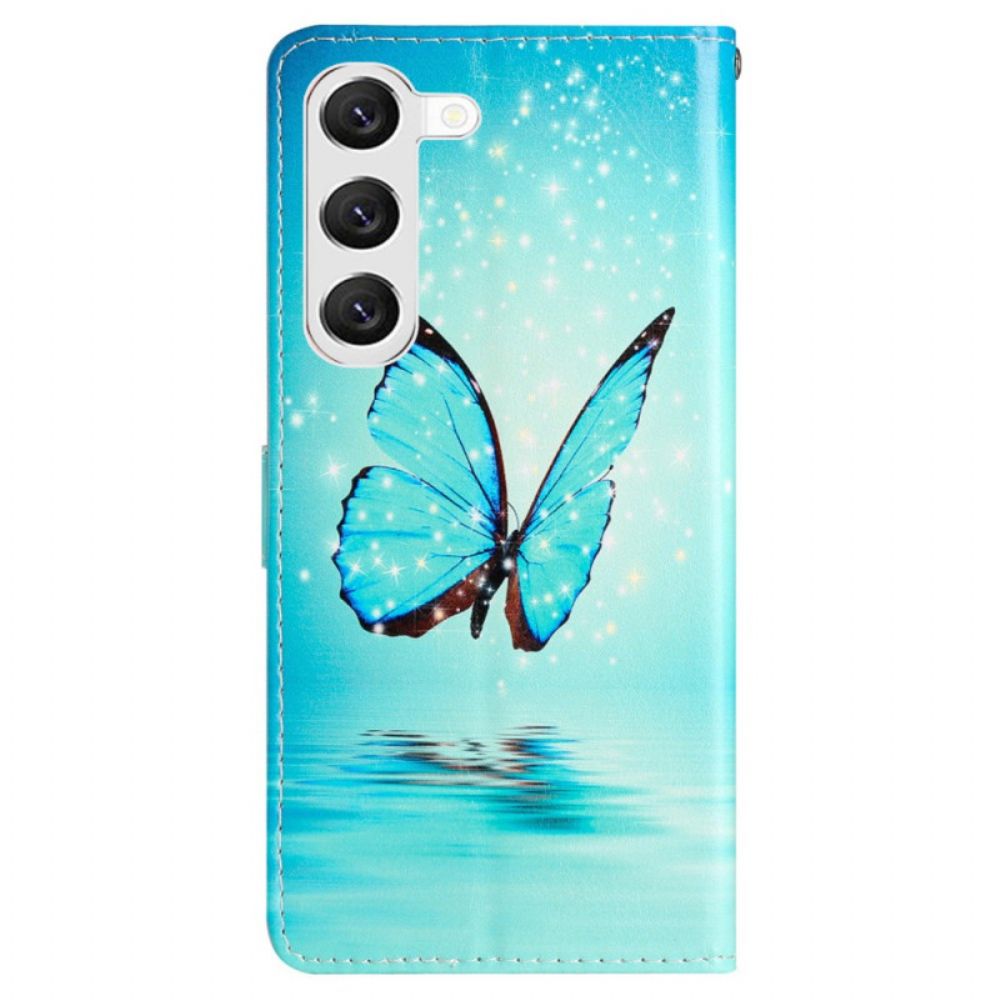 Lederhüllen Samsung Galaxy S24 5g Blaue Schmetterlinge Mit Riemen