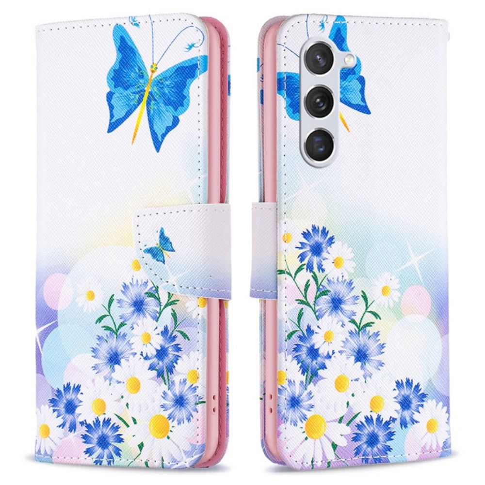 Lederhüllen Samsung Galaxy S24 5g Blaue Schmetterlinge Und Blumen