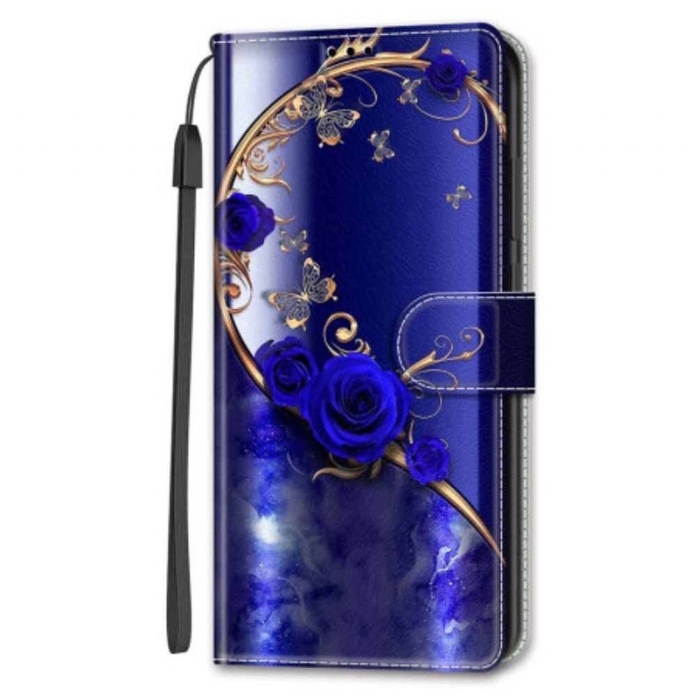 Lederhüllen Samsung Galaxy S24 5g Handyhülle Blaue Rosen Und Goldene Schmetterlinge Mit Riemen