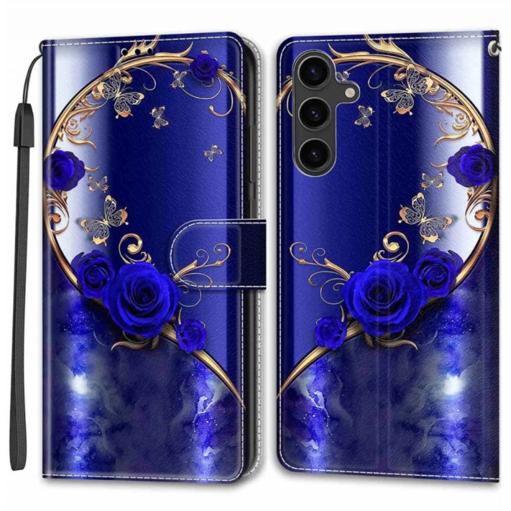 Lederhüllen Samsung Galaxy S24 5g Handyhülle Blaue Rosen Und Goldene Schmetterlinge Mit Riemen