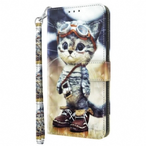 Lederhüllen Samsung Galaxy S24 5g Handyhülle Fliegerkatze Mit Riemen