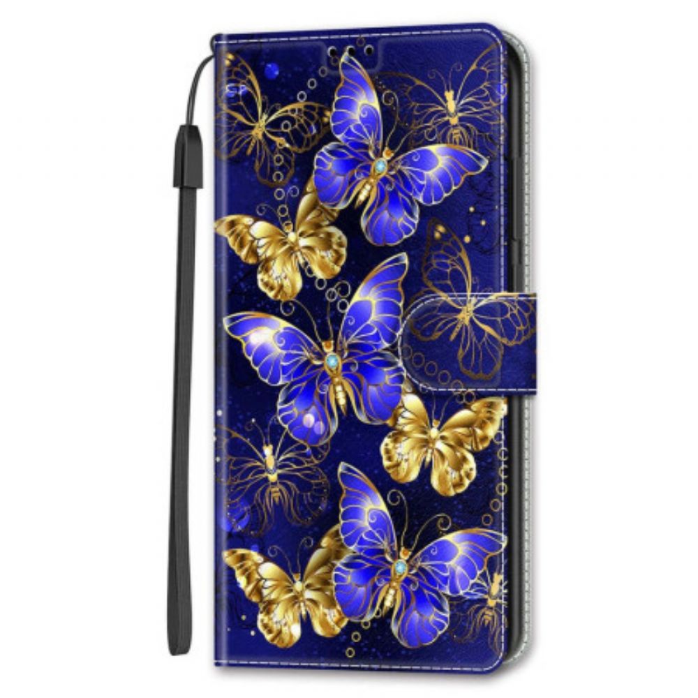 Lederhüllen Samsung Galaxy S24 5g Handyhülle Goldene Und Blaue Schmetterlinge Mit Riemen