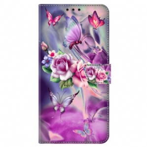 Lederhüllen Samsung Galaxy S24 5g Handyhülle Schmetterlinge Und Violette Blumen