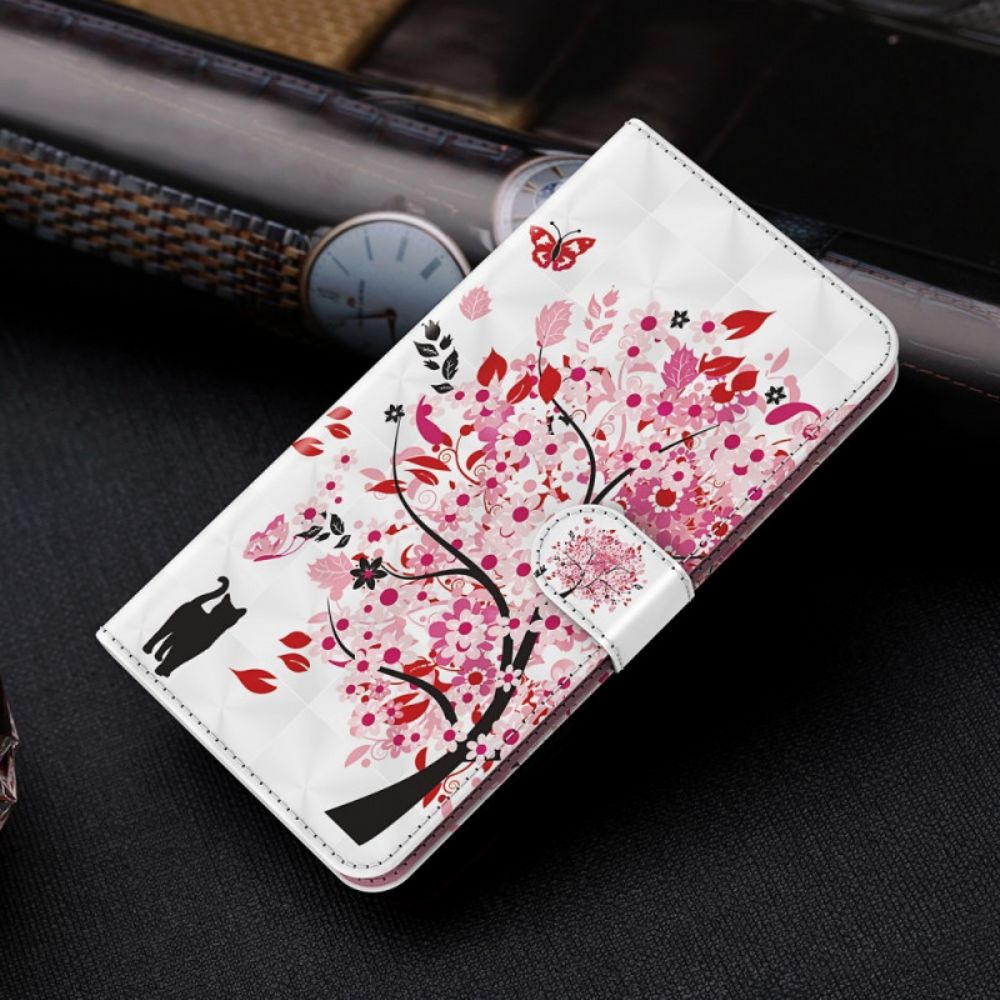 Flip Case Für Moto G51 5G Rosa Baum Und Schwarze Katze