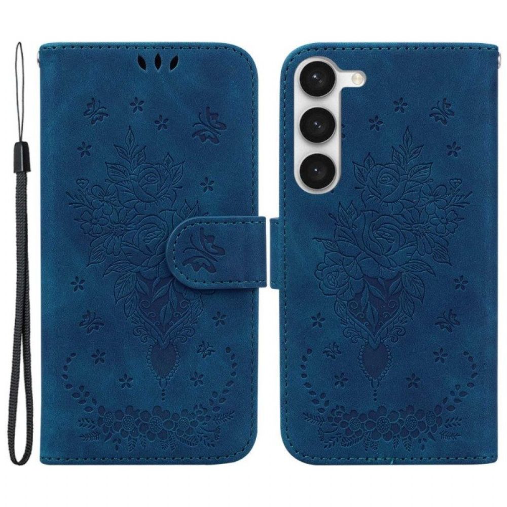 Flip Case Für Samsung Galaxy S23 5G Mit Kordel Riemchenrosen Und Schmetterlinge