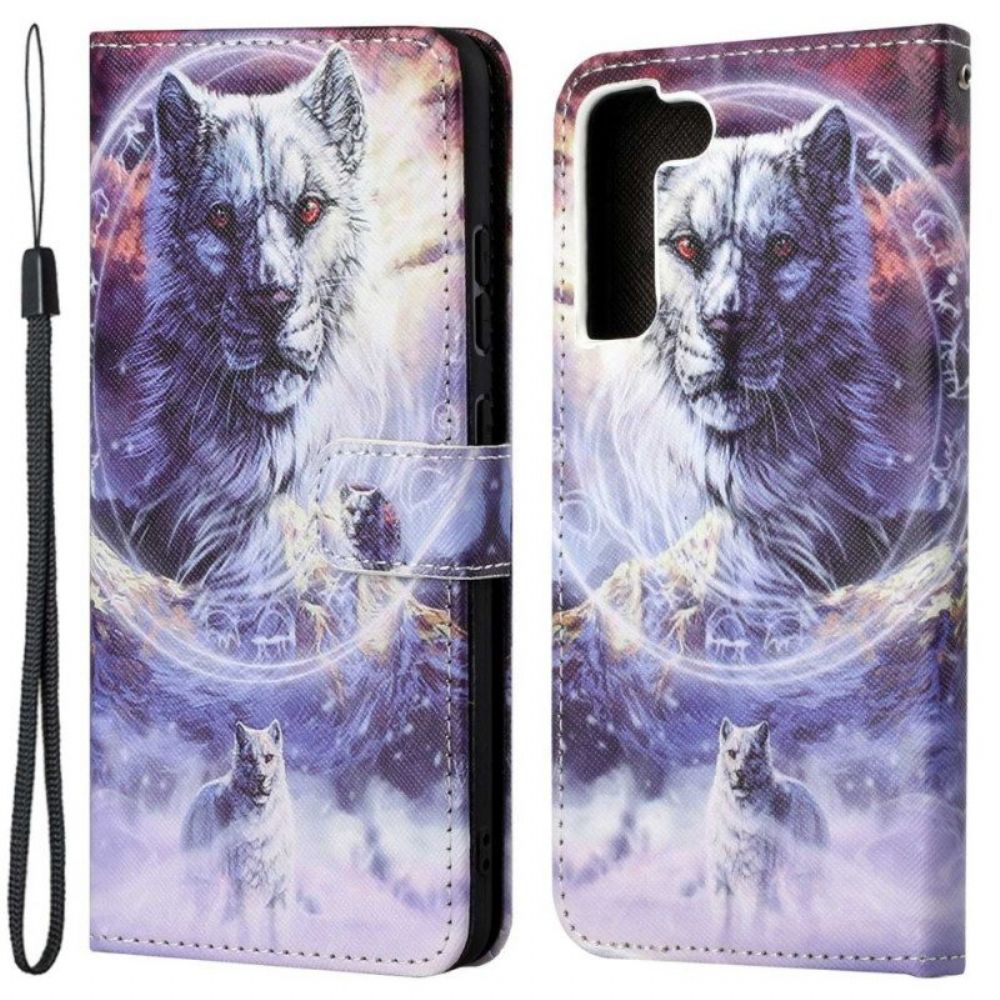 Flip Case Für Samsung Galaxy S23 5G Mit Kordel Schlüsselband Wolf