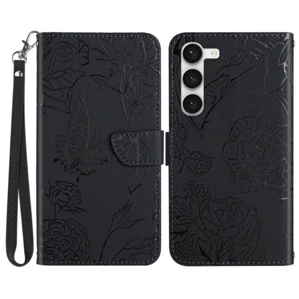 Flip Case Für Samsung Galaxy S23 5G Schmetterling Mit Schlüsselband