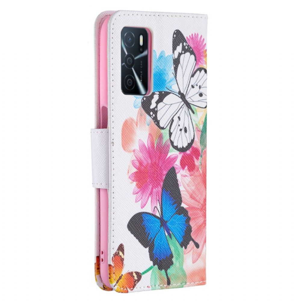 Flip Case Für Oppo A16 / A16s Gemalte Schmetterlinge Und Blumen