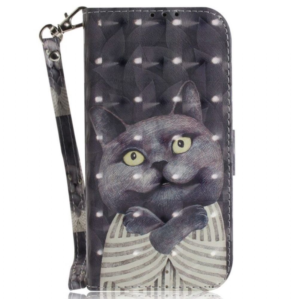 Flip Case Für Samsung Galaxy S23 Ultra 5G Mit Kordel Graue Katze Mit Riemen