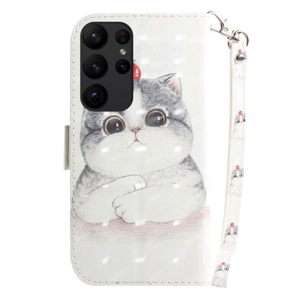 Flip Case Für Samsung Galaxy S23 Ultra 5G Mit Kordel Graue Katze Mit Riemen