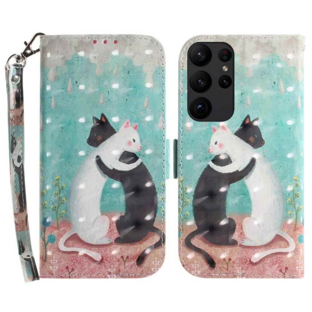 Flip Case Für Samsung Galaxy S23 Ultra 5G Mit Kordel Weiße Katze. Schwarze Katze Mit Riemen