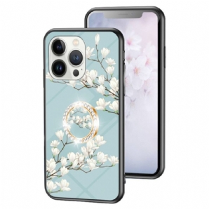 Hülle Für iPhone 15 Pro Florales Gehärtetes Glas Mit Stützring