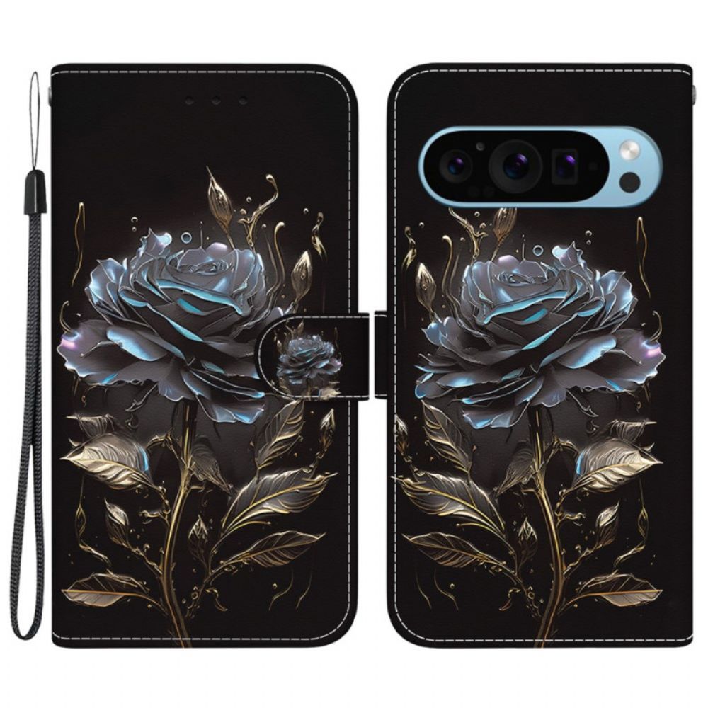 Lederhüllen Für Google Pixel 9 Pro Schwarze Rose Mit Riemen