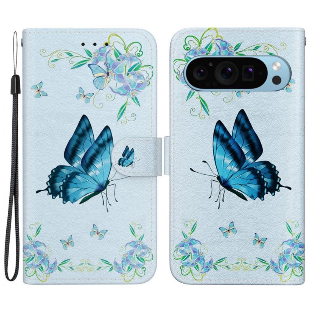 Lederhüllen Google Pixel 9 Pro Blauer Schmetterling Und Blumen