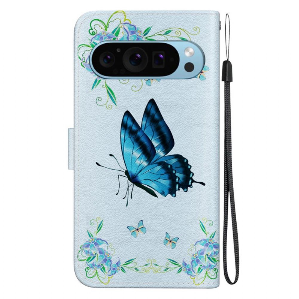 Lederhüllen Google Pixel 9 Pro Blauer Schmetterling Und Blumen