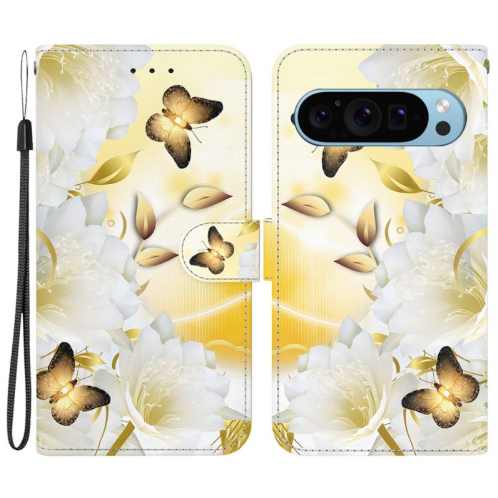 Lederhüllen Google Pixel 9 Pro Goldene Schmetterlinge Und Weiße Blumen Mit Riemen