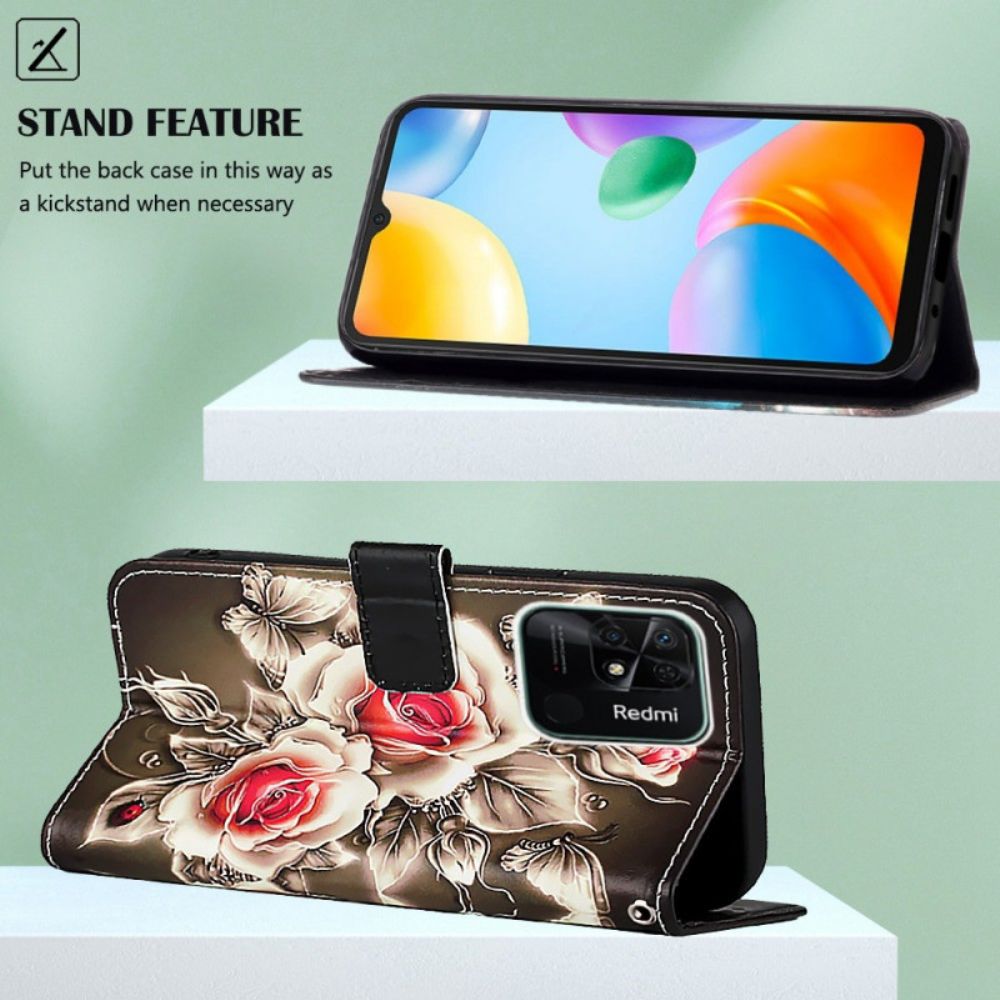 Flip Case Für Xiaomi Redmi 10C Mit Kordel Blumendeklination Mit Riemen