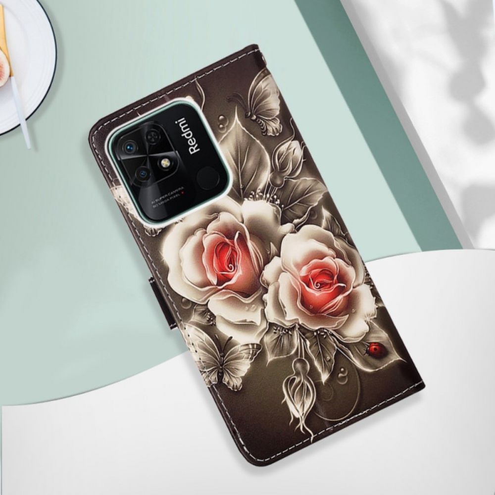 Flip Case Für Xiaomi Redmi 10C Mit Kordel Blumendeklination Mit Riemen