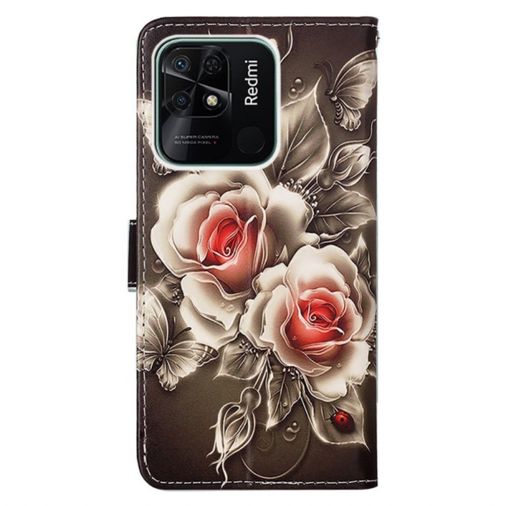 Flip Case Für Xiaomi Redmi 10C Mit Kordel Blumendeklination Mit Riemen